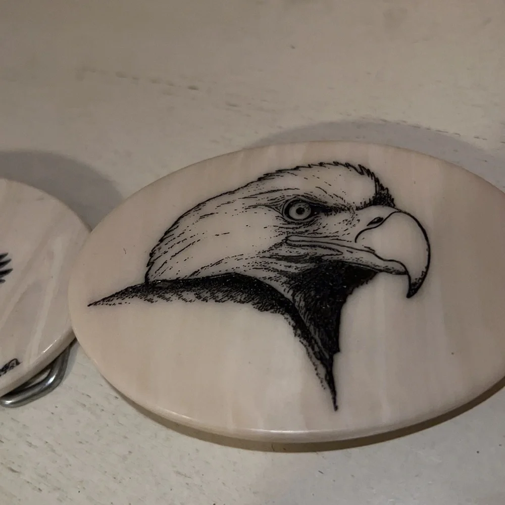 2 Vintage Scrimshaw Eagle belt buckles resin